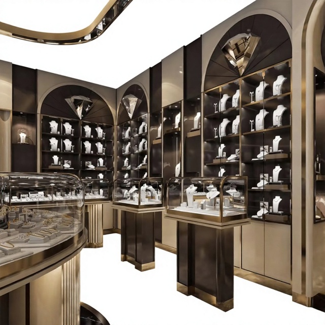 Luxury Jewelry Display Showcase & Custom Wood Cabinet | Eco-Friendly LED Lit Jewelry Store Interior Design Durable Materials