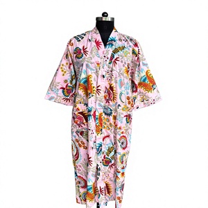Pink Floral Botanical Print Bohemian Style Straight Silhouette 100% Cotton <b>Kimono</b> Robe Wrap Lounge Dressing Gown - Product Image 2