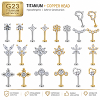Anting-anting tusuk titanium CRYCRYSPURE G23 ASTM F136 berulir dalam, dengan CZ, untuk tulang rawan, tragus, dan flat back, perhiasan untuk wanita.
