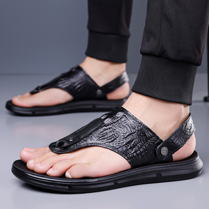 Sandales à sangle en T pour hommes, en cuir de vache marron, antidérapantes, chaussures de plage d'été, tongs décontractées pour l'extérieur, couleur unie - Product Image 4