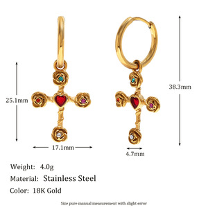 Vintage Color Crystal Cross Retro Rose Stainless Steel Jewelry Set 18K Gold Plated Matching <b>Necklace</b> Earrings <b>Ring</b> For Women - Product Image 3
