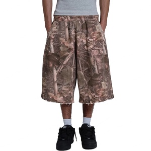 Custom Woodland Camo Jogger <b>Shorts</b> Cotton Fleece <b>Sweatpants</b> Oversized Distressed Hem Raw Edge Joggers <b>Shorts</b> - Product Image 1