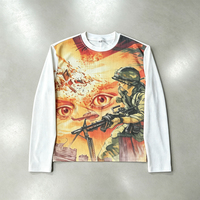 T-shirt surdimensionné à manches longues avec logo personnalisé OEM imprimé sur toute la surface, 100% coton gaufré, style rétro décontracté pour homme