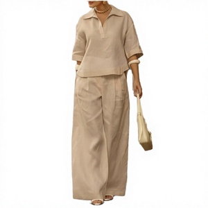 Women's <b>2</b> <b>Piece</b> Nonwoven <b>Set</b> Loose Fit Solid Color V-neck Top Wide Leg Pants Casual Spring Summer Outfit - Product Image 4
