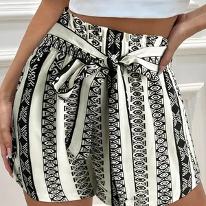 Soft Touch Ladies Geo Print Belted Casual Skirt Pants black and white stripes Tie Bow Summer Women Shorts