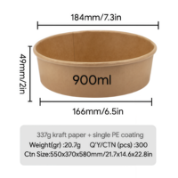 Bol alimentaire rond en papier kraft biodégradable de qualité alimentaire de 900 ml avec couvercle en PET, logo personnalisé, pour soupe, salade, à emporter, restauration