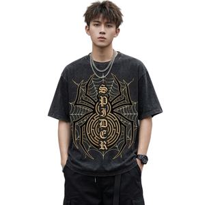 Camiseta Oversize Y2K Streetwear Lavada Personalizada para Hombre, Estampado Gráfico de Araña Hip Hop, Algodón Pesado Vintage, Precio Bajo - Product Image 1