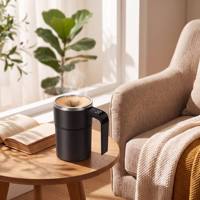 Mug à café électrique à agitation automatique avec affichage LED, poignée, couvercle en bois, revêtement en acier inoxydable, tasse de voyage