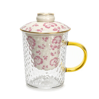 Tasse en verre texturé avec revêtement en céramique 400 ml, motif floral, tasse à thé avec couvercle, poignée dorée, ensemble de tasses à café et à eau