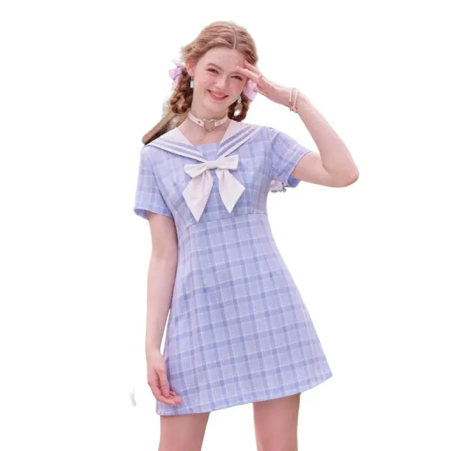 New Young Girls Light Blue Plaid Dress England Style Uniform A-Line Short Dress Sailor Collar Bow Neckline Girls School Dresses