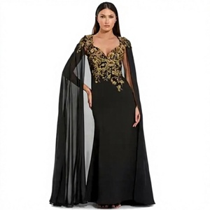 Robe de cocktail sirène longue noire et or à motifs floraux en relief avec manches cape détachables, col en V, taille haute et sequins - Product Image 1