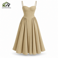Robe Midi sans Manches pour Femme, Coupe Slim, Taille Haute, en Polyester, Style Club, Col Rond, Bretelles, Élégante, Vintage, Couleur Unie, Collection Automne