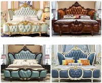 Antikes luxuriöses Kingsize-Bett im europäischen Stil Royal Furniture Antikes Hotel Schlafzimmer Holz Big Bedhead Soft Bed
