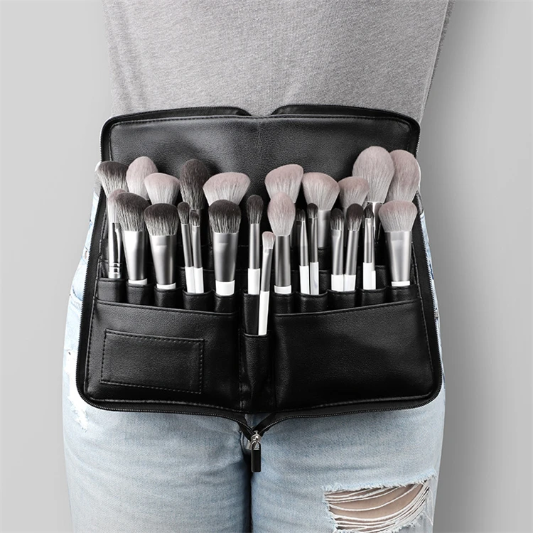 Custom Logo Empty Black PU Leather Vegan Luxury Artist Make Up Brush Belt 2021 Waist Bags For Makeup Brushes With Zipper