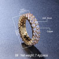 Cincin Hip Hop Iced Out 2 Baris Kuningan CZ Model Tennis untuk Wanita Pria Desain Cincin Sederhana Perhiasan Bling