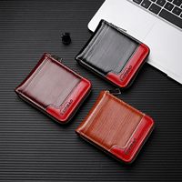 Dompet Pria Gaya Retro Eropa Amerika dengan Patchwork Kulit PU Horizontal, Blok Warna, Resleting, Panjang Pendek, dan Slot Multi-Kartu.