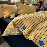 Nouvel ensemble de literie japonais minimaliste à rayures quadrillées en 4 pièces, 100% polyester, antibactérien, 600TC, avec boutons de couleur