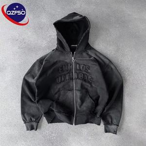 QZFSO Manufacturer 450 Gsm Sun Faded Acid Washed Custom Logo Distressed Embroidery Patchwork Full Zip up Heavy Vintage Hoodie - Product Image 1