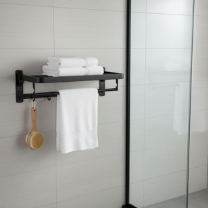 Black Wall-Mounted Towel Rack With <b>Shelf</b> And Hooks For Bathroom Storage - Product Image 2