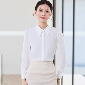 White Long Sleeve Shirt Women Professional Work Blouse Solid Color Poplin Fabric Button Front Elegant Office Wear - Product Image 1