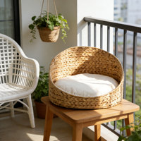 Nid douillet chic en jacinthe d'eau pour animaux de compagnie, coussin épais, panier rond en paille tressée, lit pour chien fait main