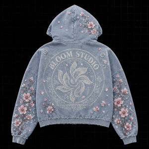 Sudadera con capucha personalizada de felpa francesa lavada con cremallera, bordado de flor de cerezo, aplique, estilo urbano desgastado, sudadera con capucha personalizada para hombre - Product Image 2