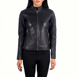 Chaqueta de cuero genuino negro para mujer, estilo motero, con mangas acanaladas, cuello alto, piel de oveja, bolsillos con cremallera, corte ajustado, prendas de abrigo personalizadas, nuevo estilo. - Product Image 1