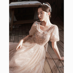 Evening Gown Square Collar Empire Waist A-Line Vintage Style Lotus Root Pink Long 3D Stereoscopic Patterns For Banquets Stage - Product Image 3