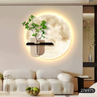 Seni Dinding Bertekstur Batu Pasir Pola Bulan Bundar Modern dengan Lampu dan Tempat Vas, Dekorasi Rumah
