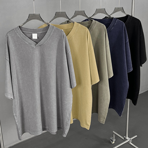 Wax-Dye Washed Vintage Cotton Tee Retro V-Neck Unisex Streetwear pour Couple Matching - Product Image 2