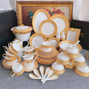 Ensemble de salle à manger de luxe nordique en or, service de table, coffret cadeau, tasse, porcelaine osseuse européenne, vente chaude, ensemble de 58 pièces, brun, pour 6 personnes - Product Image 1