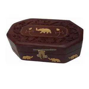 แฮนด์เมดวินเทจไม้กล่องล็อคเครื่องประดับที่มีการแกะสลักและช้างทองเหลืองฝังการออกแบบสำหรับผู้หญิง