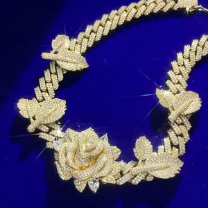 高品质定制珠光立方锆石Mossanite玫瑰花迈阿密古巴链项链