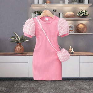 <span class=keywords><strong>Vestido</strong></span> Casual de Gasa para Niñas, Color Sólido, Mangas Abullonadas, Cuello Redondo, Largo hasta la Rodilla, Temporada de Primavera, ODM, Incluye Bolso - Product Image 2