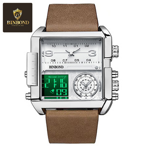 Binbond Men's Square Analog Digital Watch 11mm Three Display Multiple Time Zone Quartz Watch Brown Leather Strap - Product Image 5