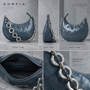 Women Crescent Crossbody <b>Bag</b> Glossy Crinkle PU Leather Zipper Purse <b>Silver</b> Chain Strap <b>Small</b> Fashion Shoulder <b>Bag</b> OEM ODM - Product Image 2