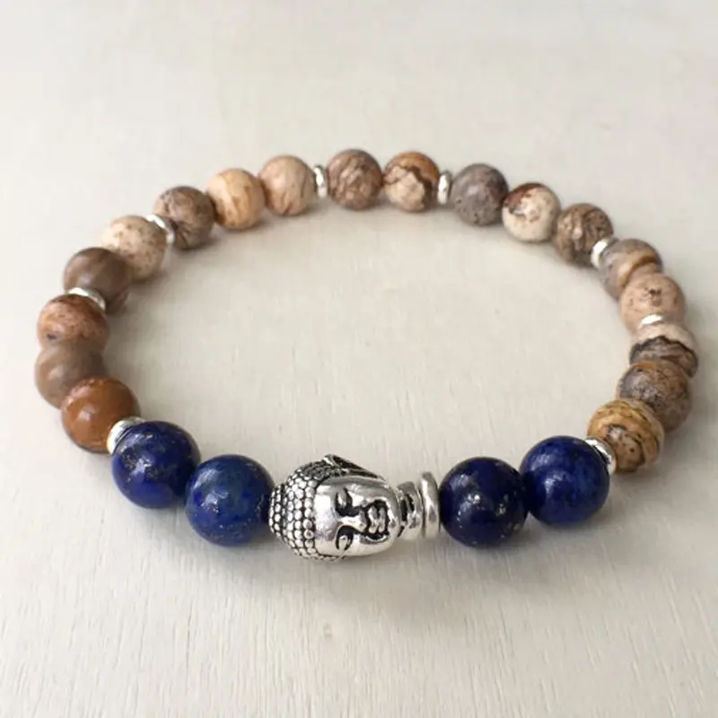 SN0801 Buddha uomo con perline in lapislazzuli Yoga meditazione immagine Jasper braccialetto di Mala regalo