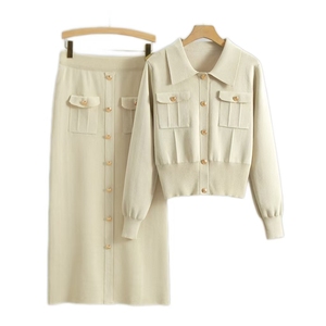 Meilleure vente femmes automne hiver ensemble simple boutonnage doux tricoté pull col rabattu poche personnalisé tricoté robe femmes - Product Image 2