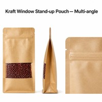 Sachet autoportant en kraft avec fenêtre, fond plat, refermable à fermeture éclair, à découpe en U, finition mate, pour emballage alimentaire et produits secs