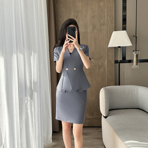 Women's Short Sleeve Suit <b>Set</b> Gray V Neck Formal Wear Summer Breathable <b>Office</b> Workwear - Product Image 3
