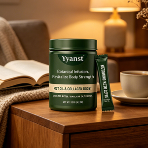 Café Instantáneo Keto Botánico con Colágeno y Aceite MCT, Envase de 120g, Frasco Redondo de Plástico Sellado Verde Oscuro, Etiqueta Personalizada OEM, Suministro al por Mayor - Product Image 2