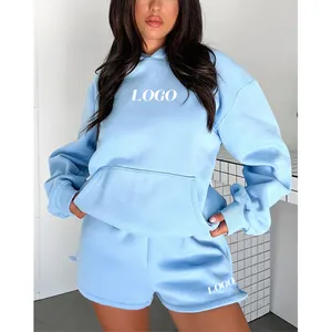 Women's Clothing 2024 Custom logo sportswear short sweat suits set high quality women two piece cropped hoodie and shorts set