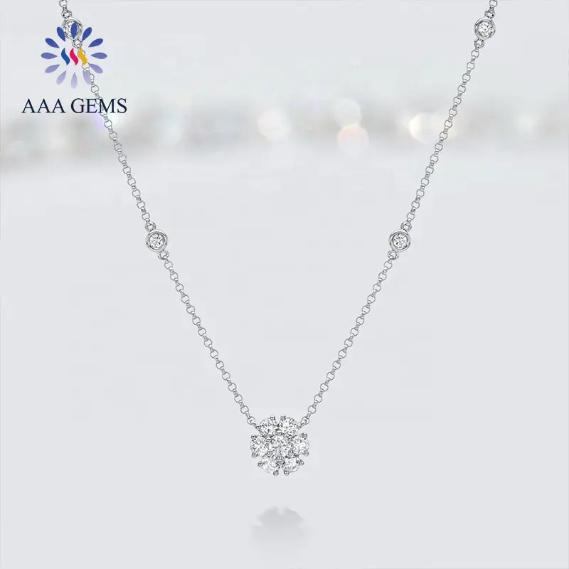 Conjunto de colar de diamantes para mulheres, joia de ouro 14K flor VVS, pingente com desenho de flores, colar de diamantes cultivado em laboratório
