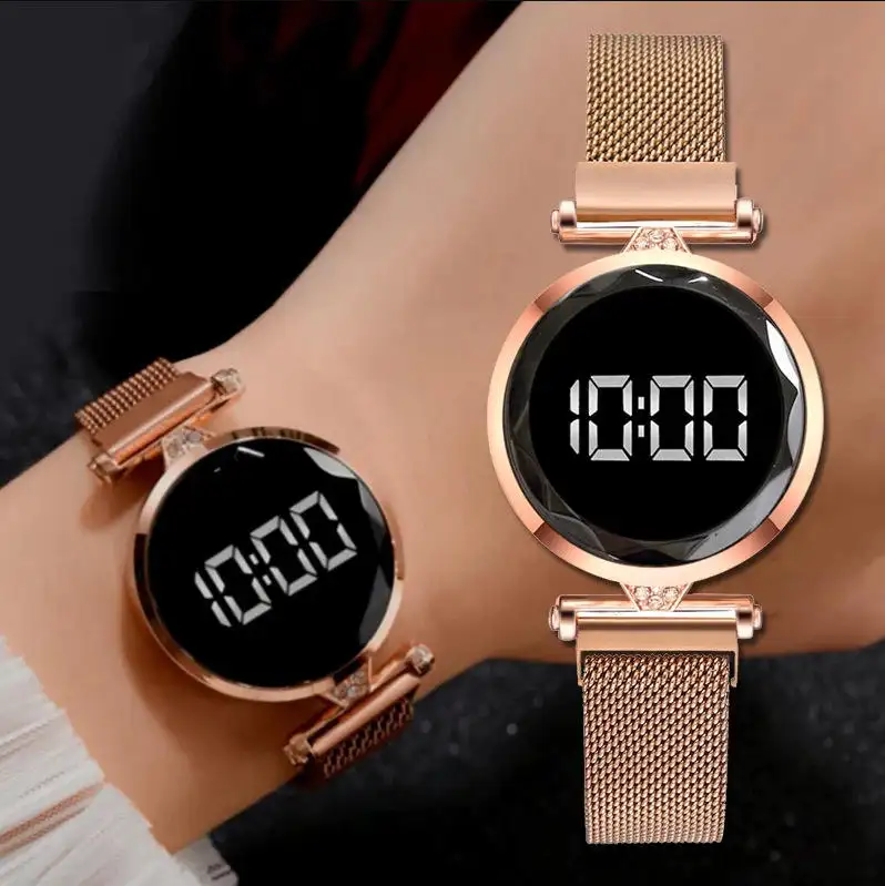 2022 Luxury Digital Magnet Watches For Women Stainless Steel Rose Gold Dress LED Quartz Watch Female Clock Relogio Feminino