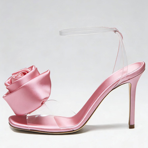 Sandales à talons hauts pour femme, grande taille 45, avec fleur sur le devant, style stiletto, à brides cheville, en soie, pour l'été, avec empeigne en PVC - Product Image 1