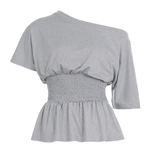 Camiseta de punto elástica de color liso con hombros descubiertos y cintura fruncida, transpirable, informal, de verano, al por mayor para mujer - Product Image 6