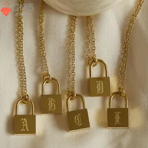 Vintage Initials Letter Lock Pendent Necklace Old English Charm Ladies Personalized Gold Plated Engraved Minimalist Jewelry