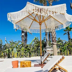 2.5m plage Beige bois naturel poteau et côtes main jardin tissé à la main parapluie Parasol Patio parapluie