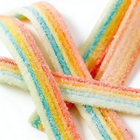 Bonbons gélifiés acidulés en bandelettes longues aux quatre couleurs arc-en-ciel, saveur de fruits mélangés, poudre acide, bandelettes acidulées, marque privée, usine OEM/ODM, sucre