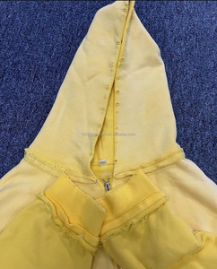 เสื้อฮู้ดดี้โอเวอร์ไซส์แบบซิป ขอบดิบ ตัดเย็บพิเศษสำหรับผู้ชาย สีเหลือง 450gsm ผ้าเฟรนช์เทอร์รี่ สตรีทแวร์ ขอบดิบ ตัดสั้น - Product Image 3